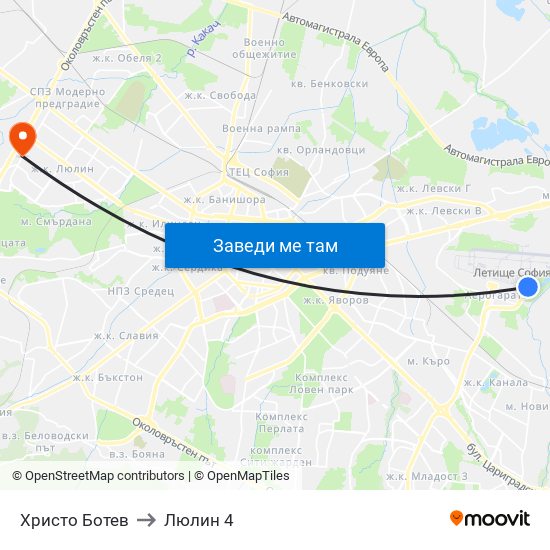 Христо Ботев to Люлин 4 map