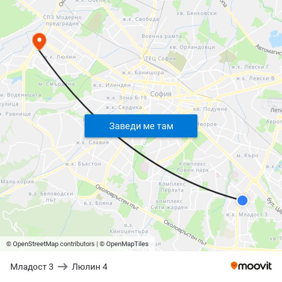 Младост 3 to Люлин 4 map