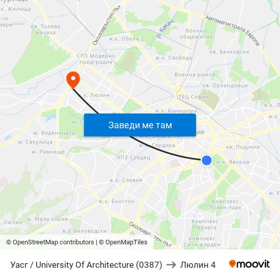 Уасг / University Of Architecture (0387) to Люлин 4 map