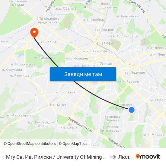 Мгу Св. Ив. Рилски / University Of Mining And Geology (1033) to Люлин 4 map