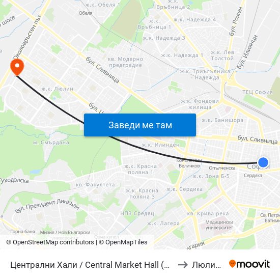 Централни Хали / Central Market Hall (2334) to Люлин 4 map