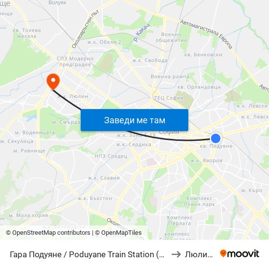 Гара Подуяне / Poduyane Train Station (0468) to Люлин 4 map