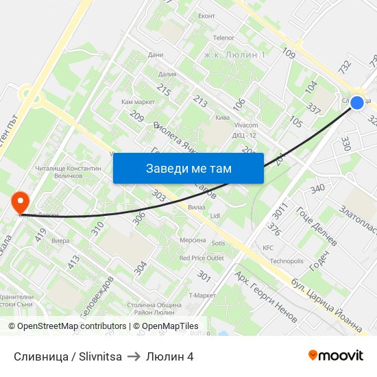 Сливница / Slivnitsa to Люлин 4 map