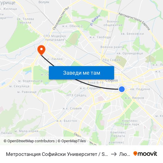 Метростанция Софийски Университет / Sofia University Metro Station (2827) to Люлин 4 map