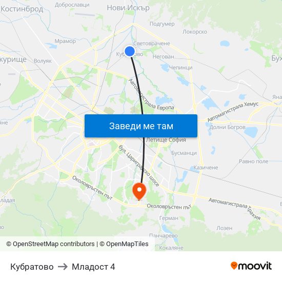 Кубратово to Младост 4 map