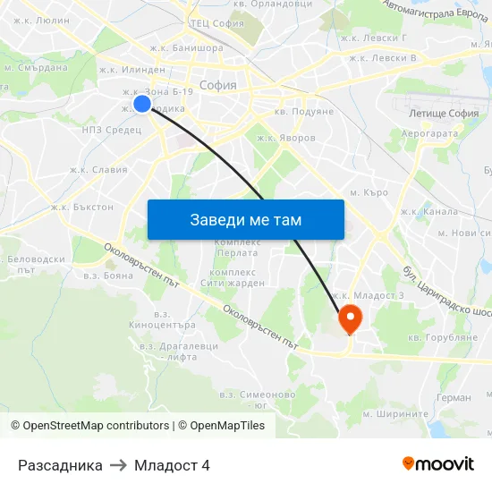 Разсадника to Младост 4 map