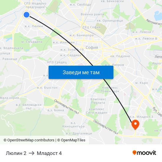 Люлин 2 to Младост 4 map