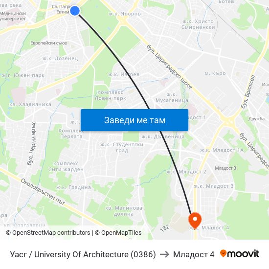 Уасг / University Of Architecture (0386) to Младост 4 map