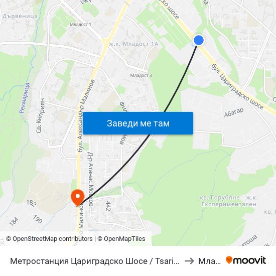 Метростанция Цариградско Шосе / Tsarigradsko Shosse Metro Station (1016) to Младост 4 map
