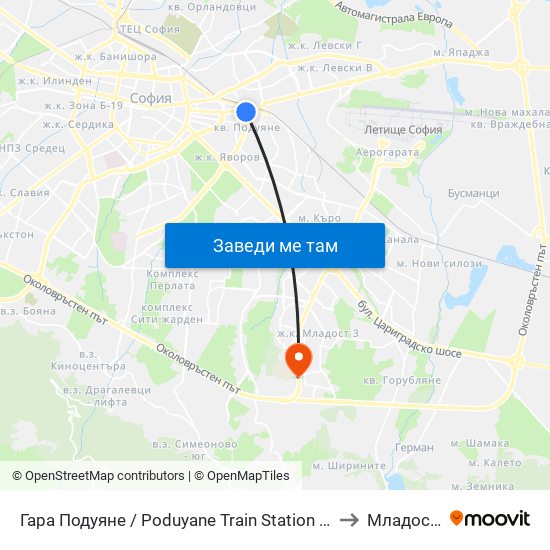 Гара Подуяне / Poduyane Train Station (0468) to Младост 4 map