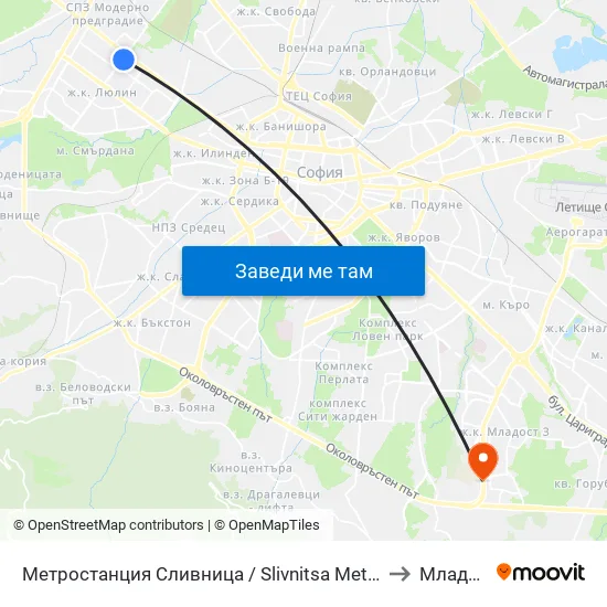 Ⓜ️ Метростанция Сливница / Slivnitsa Metro Station (1063) to Младост 4 map