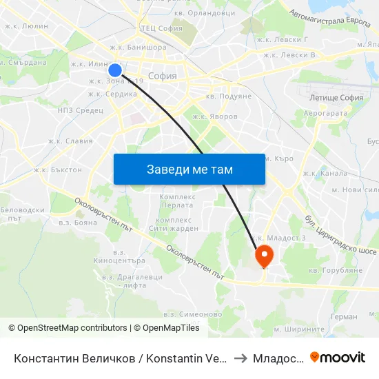 Константин Величков / Konstantin Velichkov to Младост 4 map