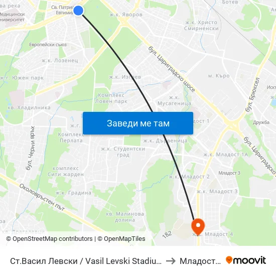 Стадион Васил Левски / Vasil Levski Stadium to Младост 4 map