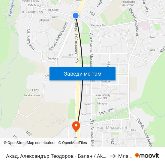 Акад. Александър Теодоров - Балан / Akademik Aleksandar Teodorov - Balan to Младост 4 map