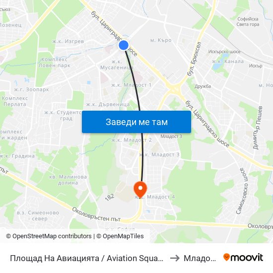 Площад На Авиацията / Aviation Square (1257) to Младост 4 map