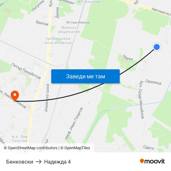 Бенковски to Надежда 4 map
