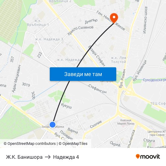 Ж.К. Банишора to Надежда 4 map