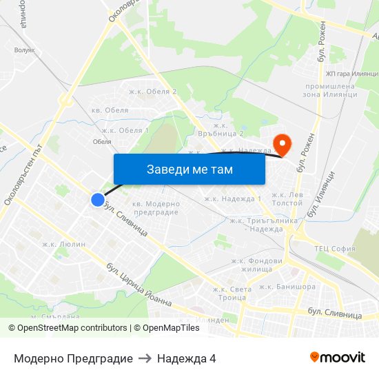 Модерно Предградие to Надежда 4 map