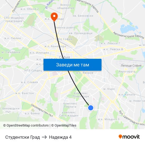 Студентски Град to Надежда 4 map