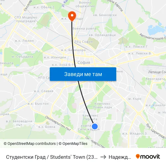 Студентски Град / Students' Town (2382) to Надежда 4 map