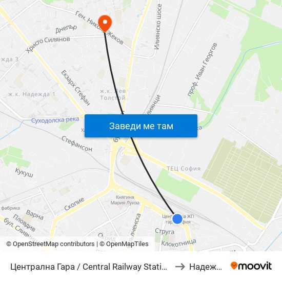 Централна Гара / Central Railway Station (1327) to Надежда 4 map