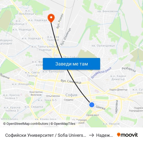 Софийски Университет / Sofia University (1697) to Надежда 4 map