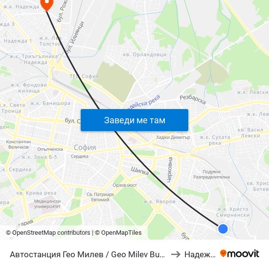 Автостанция Гео Милев / Geo Milev Bus Station (0052) to Надежда 4 map