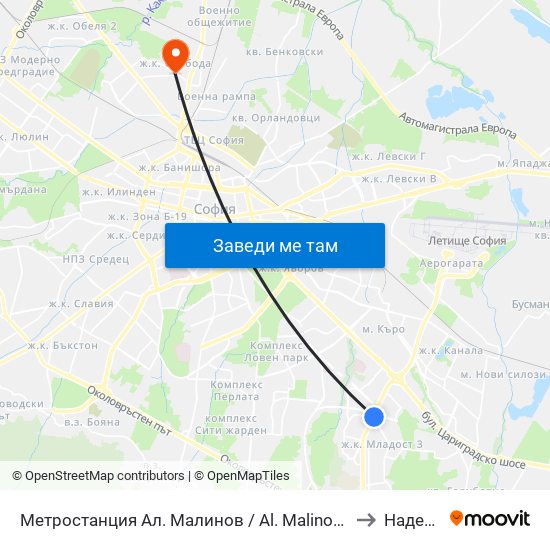 Метростанция Ал. Малинов / Al. Malinov Metro Station (0170) to Надежда 4 map