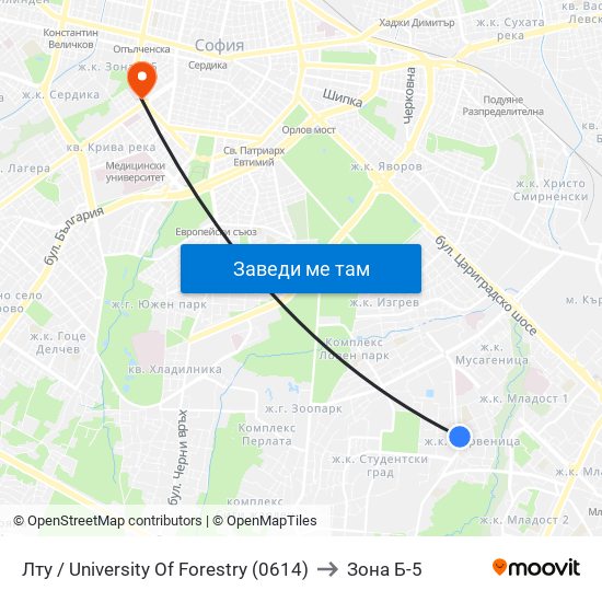 Лту / University Of Forestry (0614) to Зона Б-5 map