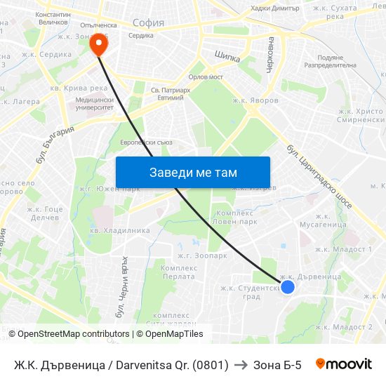 Ж.К. Дървеница / Darvenitsa Qr. (0801) to Зона Б-5 map