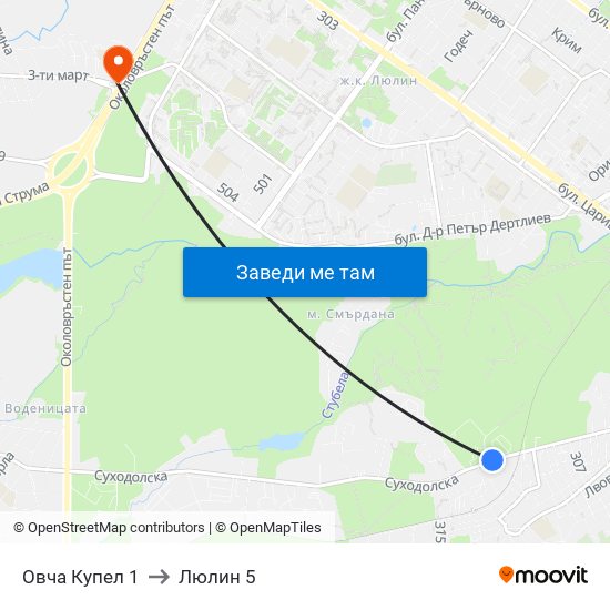 Овча Купел 1 to Люлин 5 map