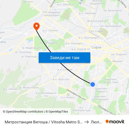 Метростанция Витоша / Vitosha Metro Station (2654) to Люлин 5 map