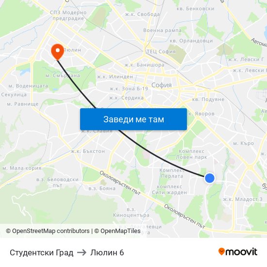 Студентски Град to Люлин 6 map