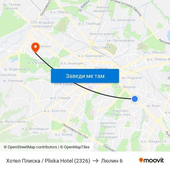 Хотел Плиска / Pliska Hotel (2326) to Люлин 6 map