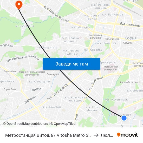 Метростанция Витоша / Vitosha Metro Station (0909) to Люлин 6 map