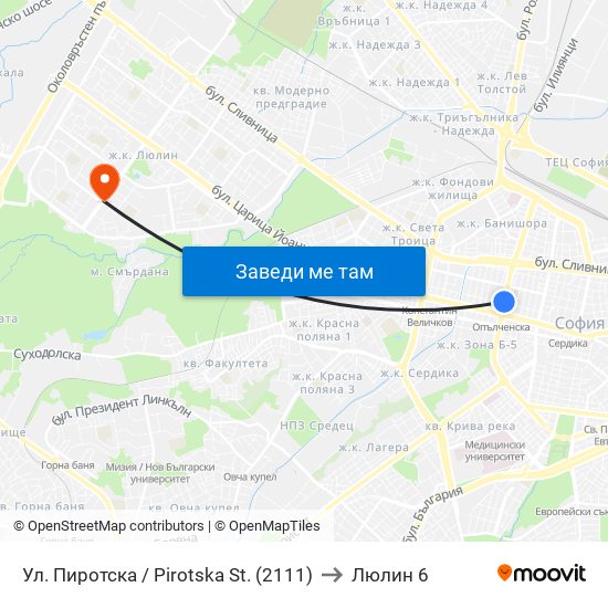 Ул. Пиротска / Pirotska St. (2111) to Люлин 6 map
