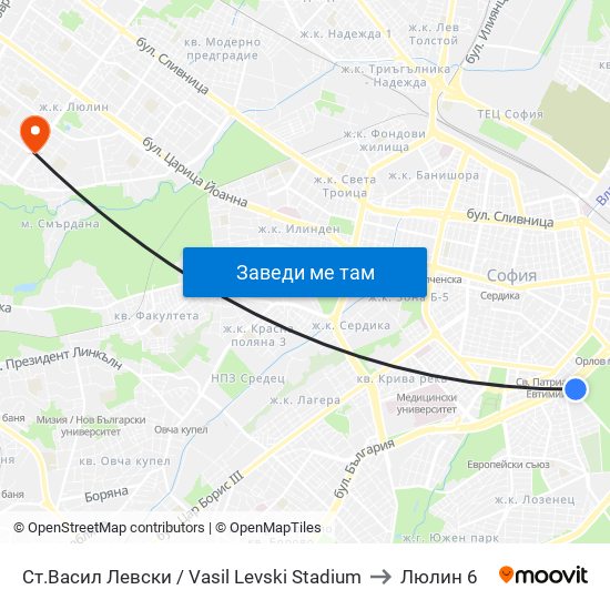 Ст.Васил Левски / Vasil Levski Stadium to Люлин 6 map