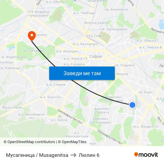Мусагеница /  Musagenitsa to Люлин 6 map