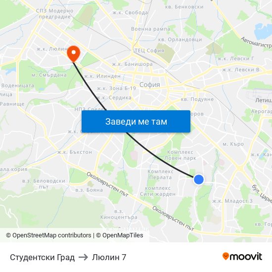 Студентски Град to Люлин 7 map