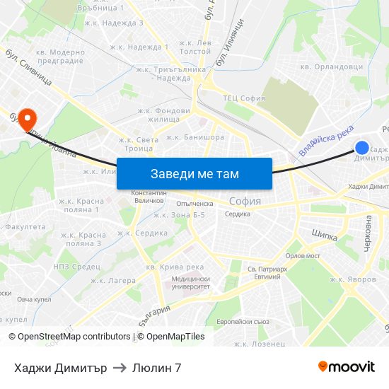 Хаджи Димитър to Люлин 7 map