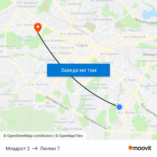 Младост 2 to Люлин 7 map