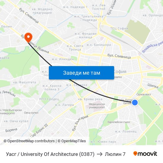 Уасг / University Of Architecture (0387) to Люлин 7 map