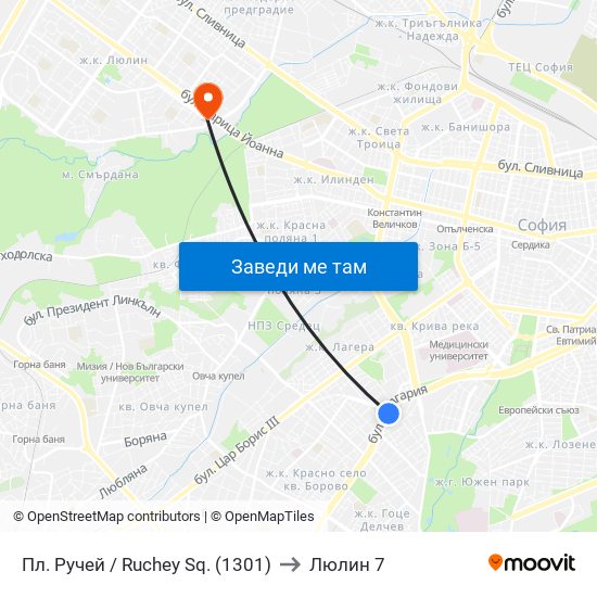 Пл. Ручей / Ruchey Sq. (1301) to Люлин 7 map