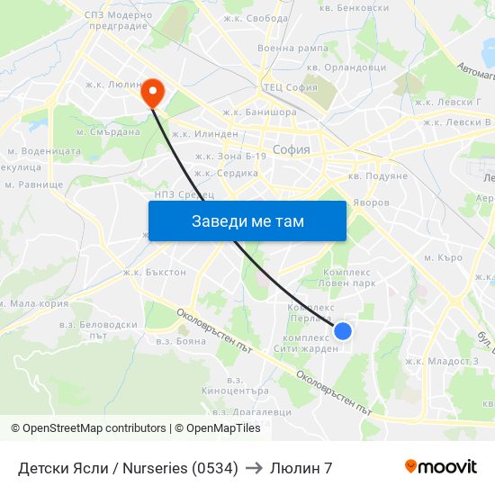 Детски Ясли / Nurseries (0534) to Люлин 7 map
