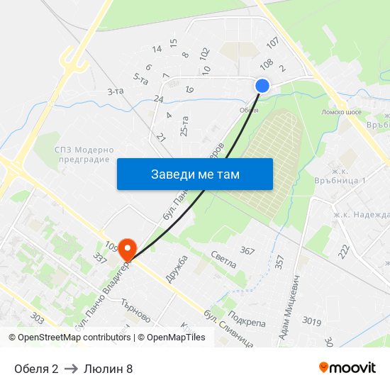 Обеля 2 to Люлин 8 map