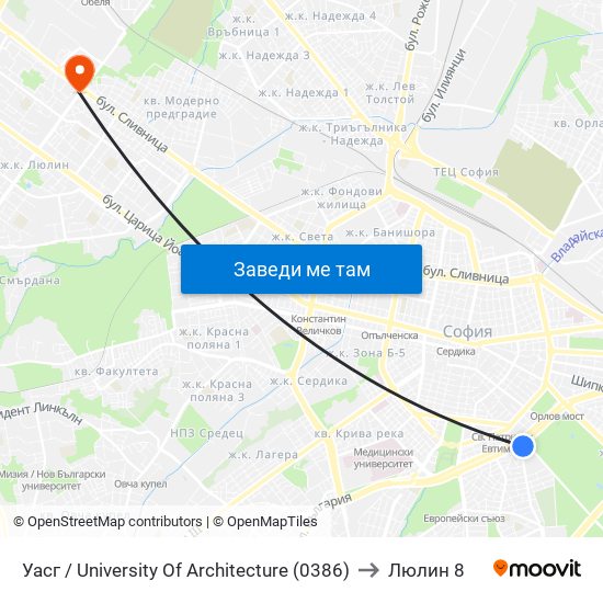 Уасг / University Of Architecture (0386) to Люлин 8 map