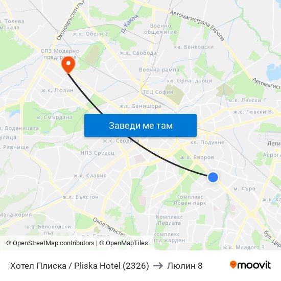 Хотел Плиска / Pliska Hotel (2326) to Люлин 8 map
