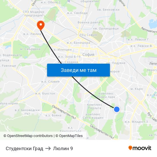 Студентски Град to Люлин 9 map