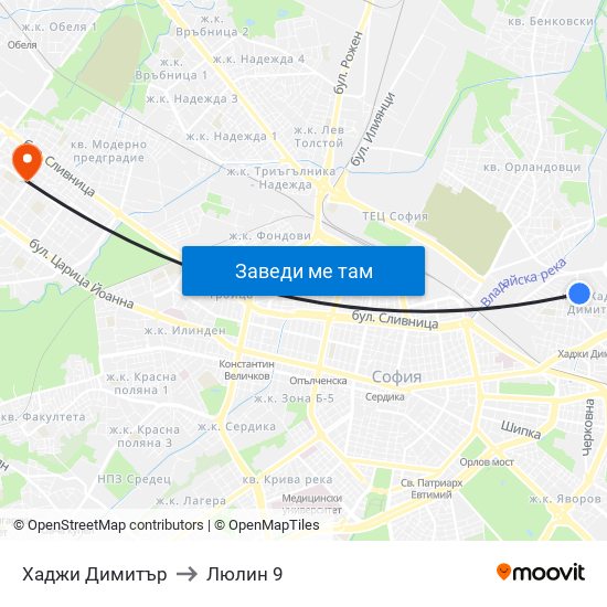 Хаджи Димитър to Люлин 9 map