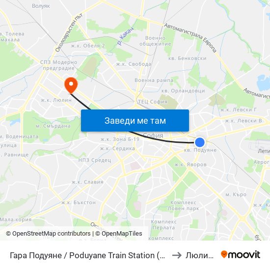 Гара Подуяне / Poduyane Train Station (0468) to Люлин 9 map